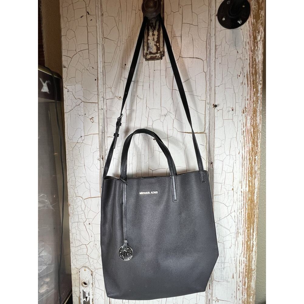 Michael Kors Hayley Black Coated Leather Large Tote Purse Double Handles W Strap - Picture 2 of 16